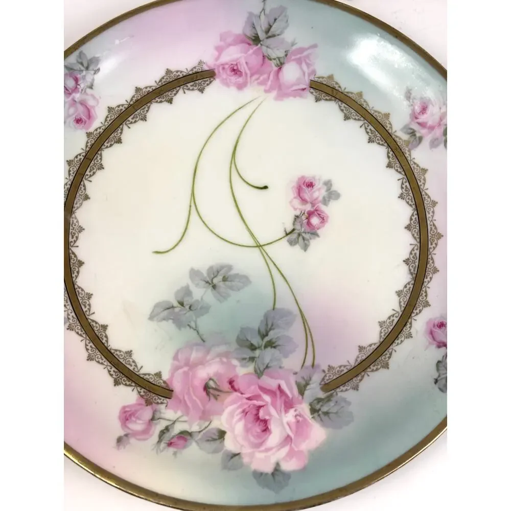 Antique Bavaria Germany Hand-Painted Porcelain Cake Plate Double Handle‎ Roses